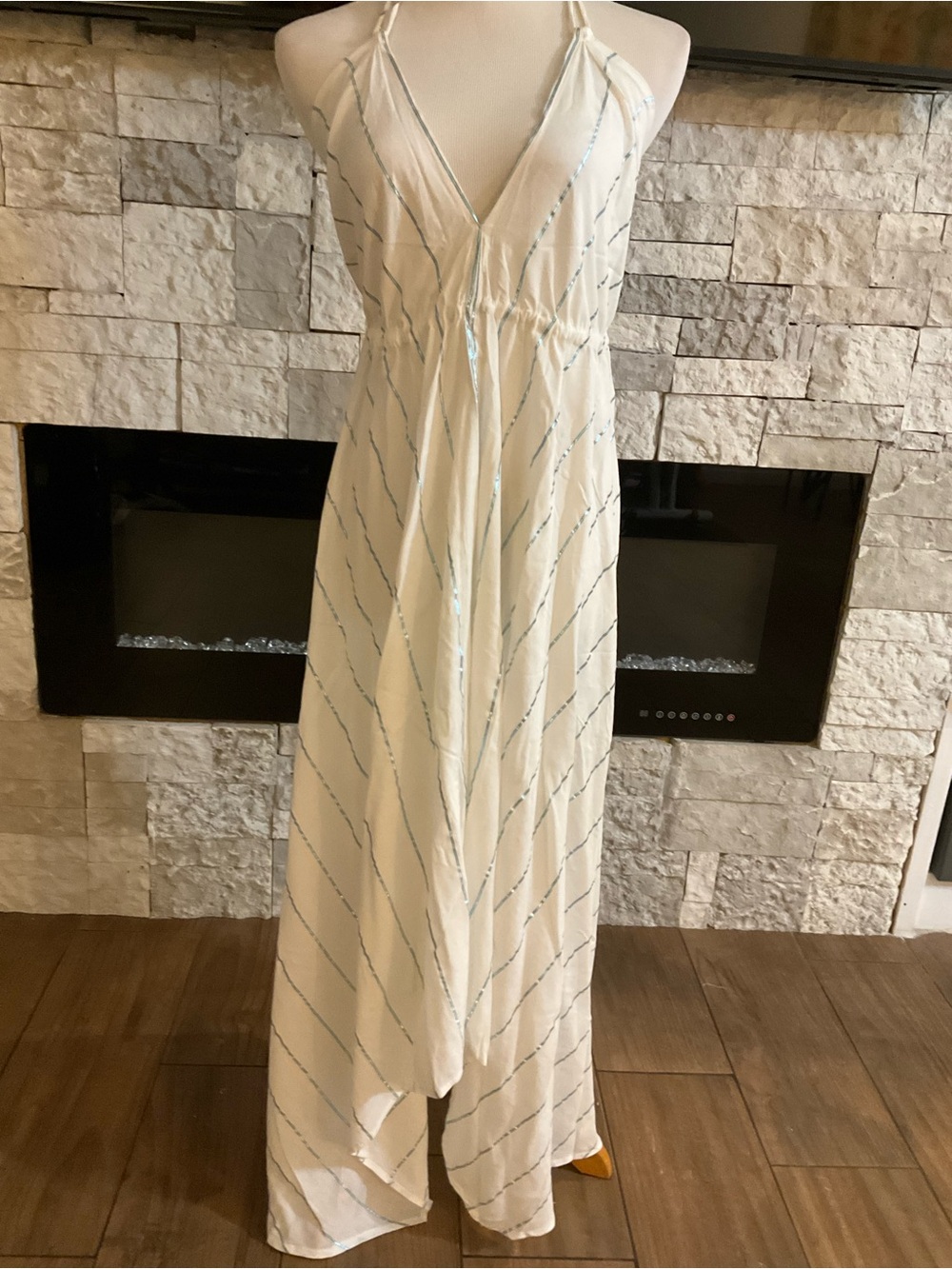 Women's White Halter Maxi Dress with Subtle Blue Shimmer Stripes